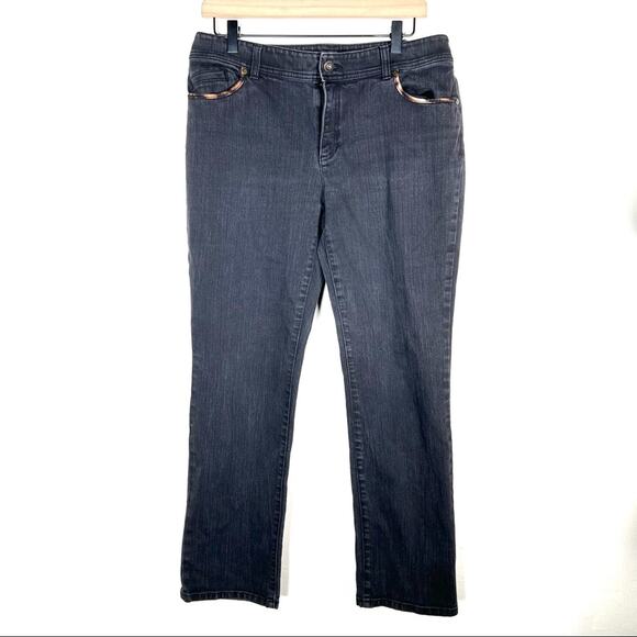 Chico’s 1 Black with animal print trim straight leg mid rise jeans size 8 B95 - Picture 1 of 5